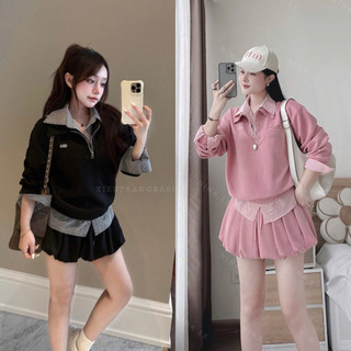   S2.4196  Set Nỉ Umi Phối Kẻ Mix Chân Váy Xếp Ly Bồng Bí 2 Màu   cvay cạp chun có lót  