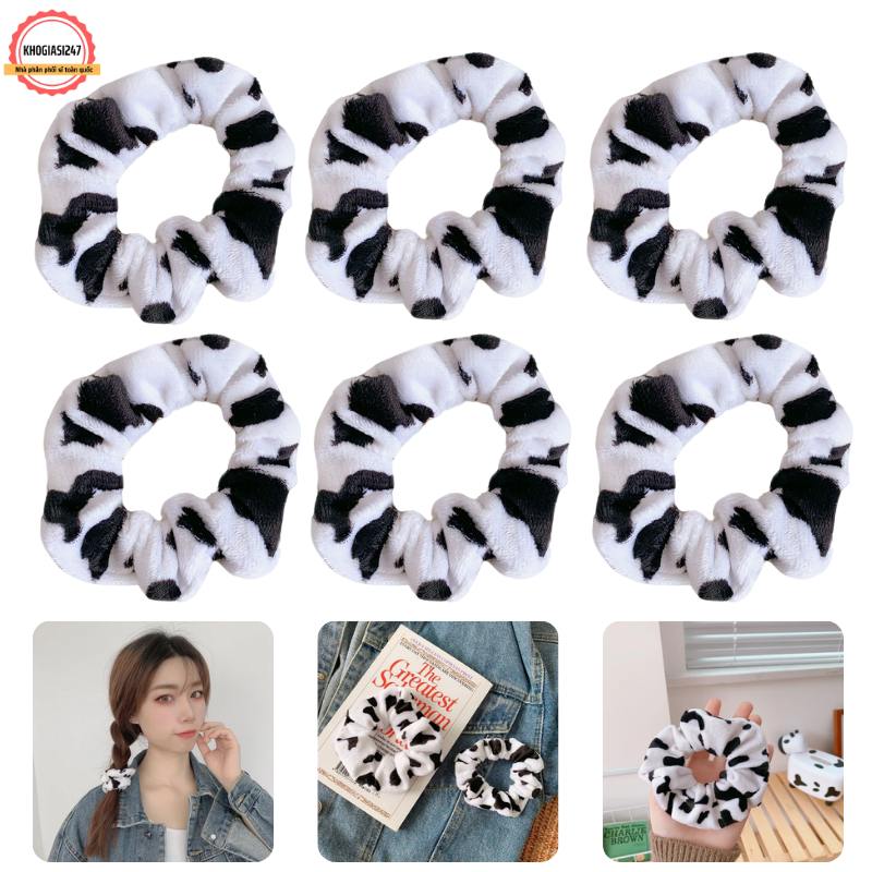 Combo 10 Dây Buộc Tóc Scrunchies Vải Họa Tiết Bò Sữa, Chun Buộc Tóc Nữ Hot Trend