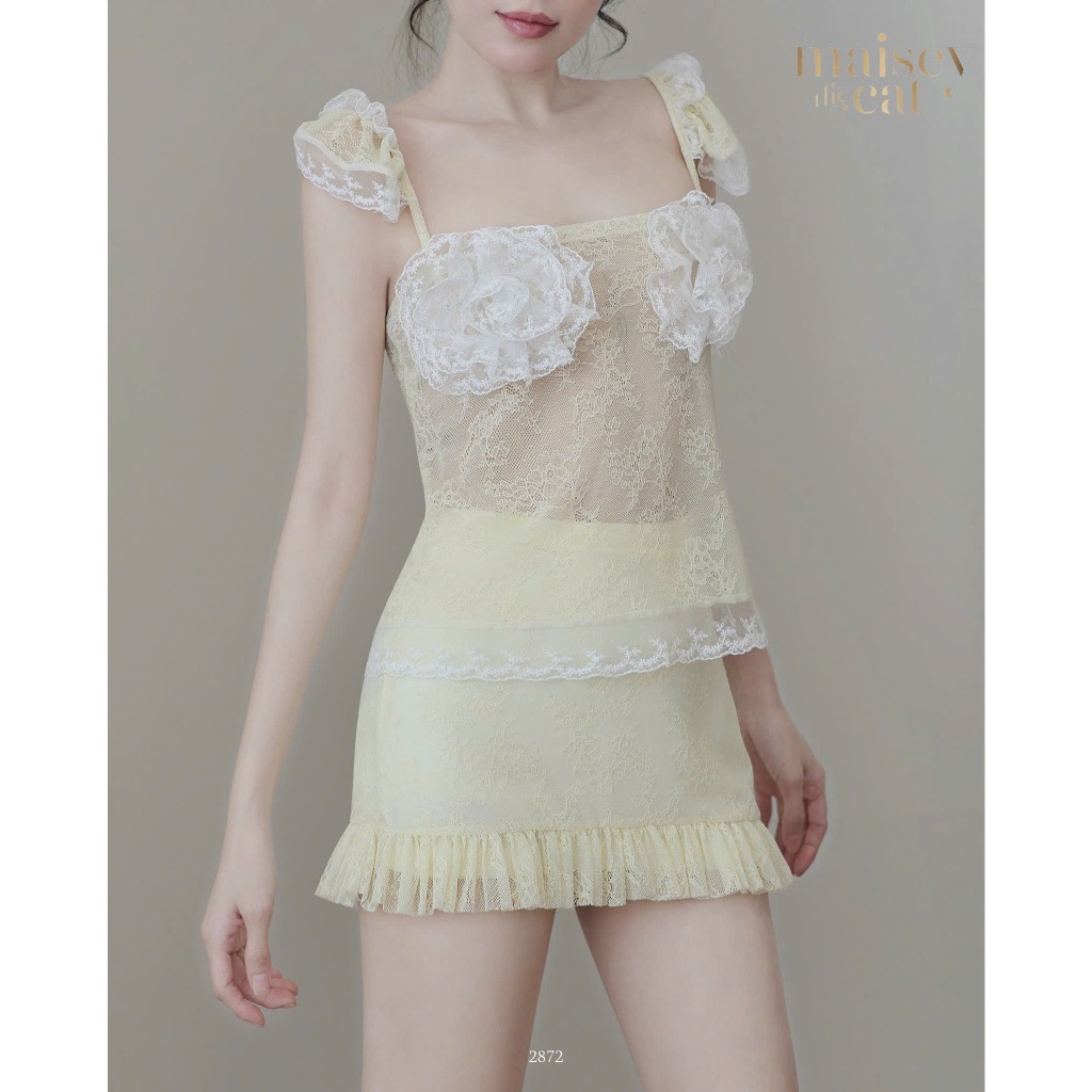 [MAISEY 2872] SET ĐỒ NỮ 2 MÓN: ÁO 2 DÂY XUYÊN THẤU PHỐI REN HOA + CHÂN VÁY