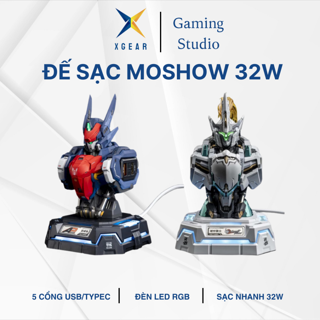 Bộ sạc nhanh Moshow 32W-65W MCT-E02 tượng hiệp sĩ dùng decor trang trí, có đèn LED, USB-C và 4 cổng 