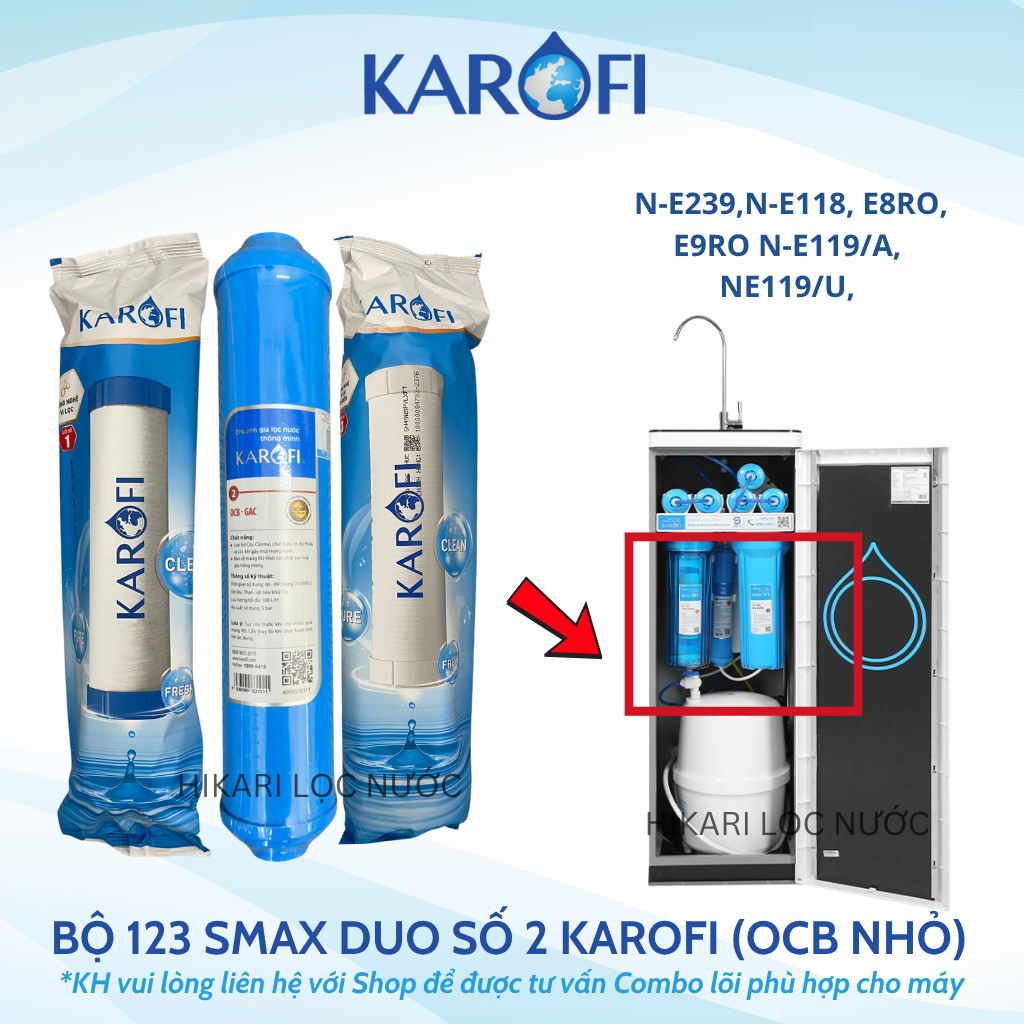 Bộ 3 Lõi Lọc Nước Karofi 123 Với Lõi Số 2 OCB Nhỏ cắm nhanh dùng cho các 1 số model máy Karofi B930,