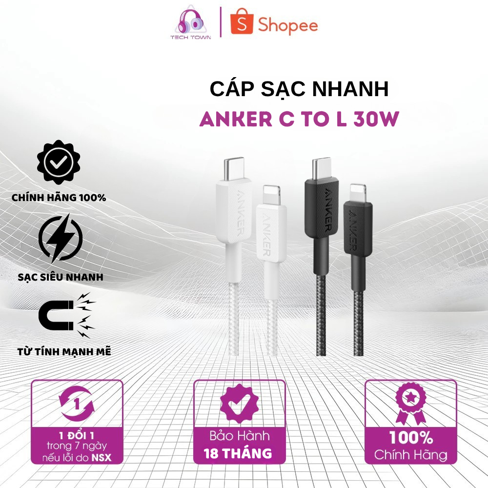 Anker 322 A81B5 | Cáp Sạc Type-C to L 30W – Dây Bện Nylon, MFi, 0.9m