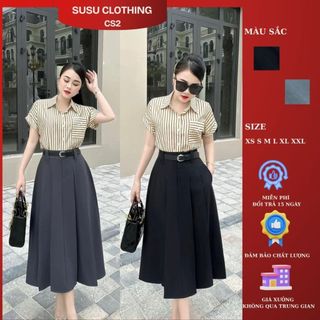  Chân váy xòe midi xếp li lưng cao có túi 2 bên kèm thắt lưng susuclothing khóa trước đai da 80 
