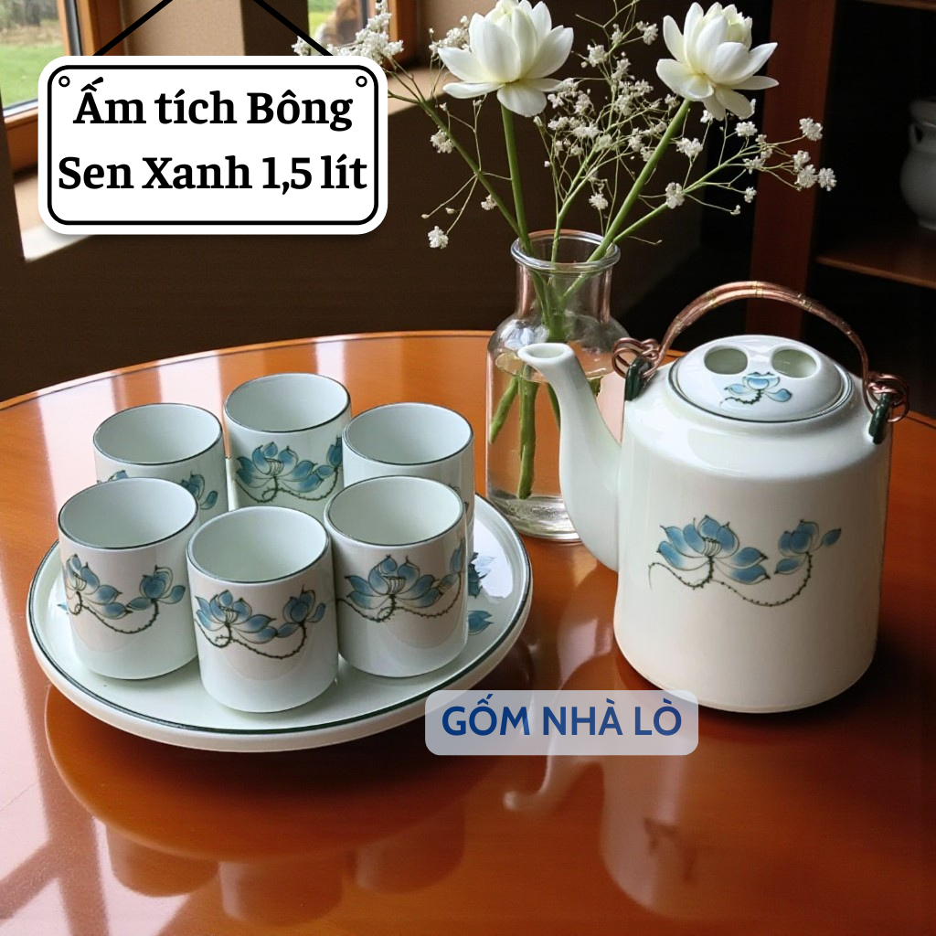 Ấm tích 1.5 lít BÔNG SEN XANH gốm sứ Bát Tràng, ấm tích ủ chè xanh, ấm tích sứ, ấm tích men rạn, ấm 
