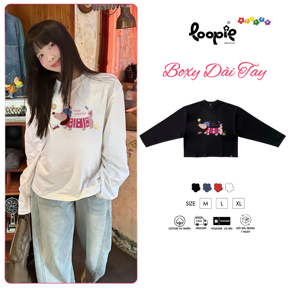 Áo Thun Boxy Tay Dài In Hình DogsCheerful By Loopie Club BST91 Chất Cotton Co Giãn 4 Chiều Thu Đông 