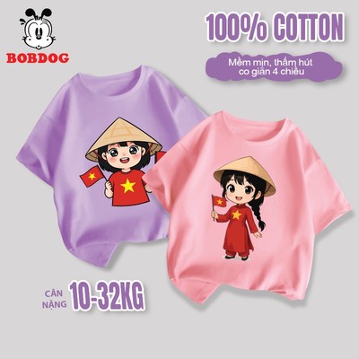 Áo phông cho bé gái BOBDOG, áo thun cotton thoáng mát in hình cô gái việt nam mừng ngày 2/9 cho bé