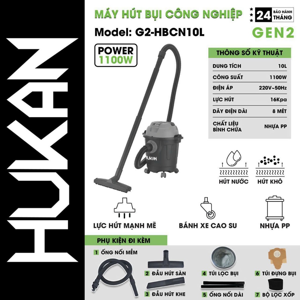 Máy Hút Bụi Công Nghiệp HUKAN G2-HBCN10L, Công Suất 1100w, Dung Tích Chứa 10 lít - Hút Khô Hút Ướt