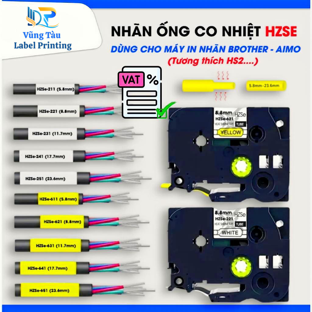 Ống co nhiệt HZSe Màu vàng dùng cho máy in nhãn E1000 PRO, Brother I sẵn hàng Vũng Tàu [ HCM ]