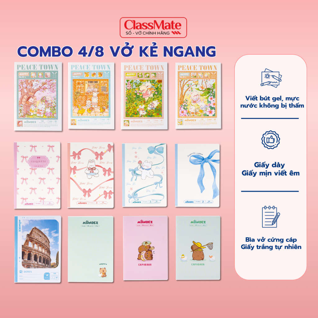 Combo 5/10 Vở Kẻ Ngang MONDEZ, Vở Kẻ Ngang 80-120Trang 60/70GSM, Vở Kẻ Ngang Thiết Kế Cute Cho Học S