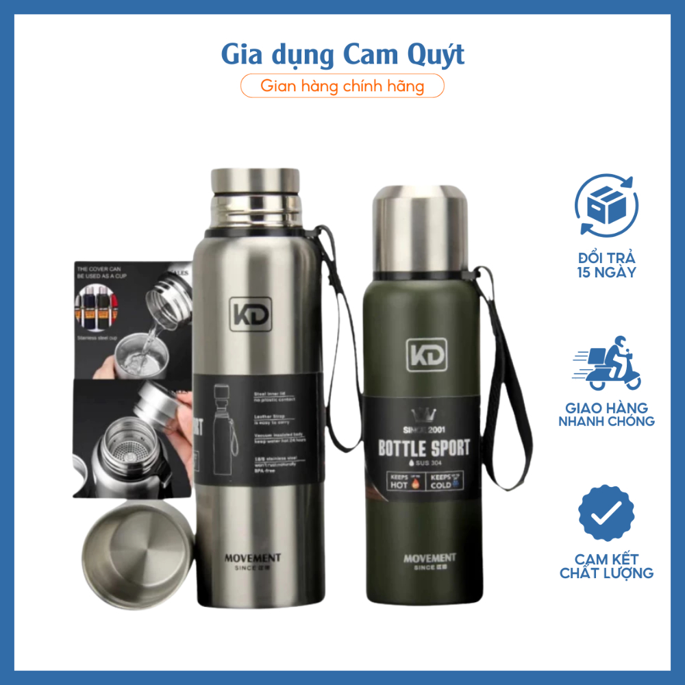 Bình giữ nhiệt KD-852 nóng lạnh inox 304, nắp cốc inox, bình dung tích 520ml, 750ml, 1000ml, 1500ml