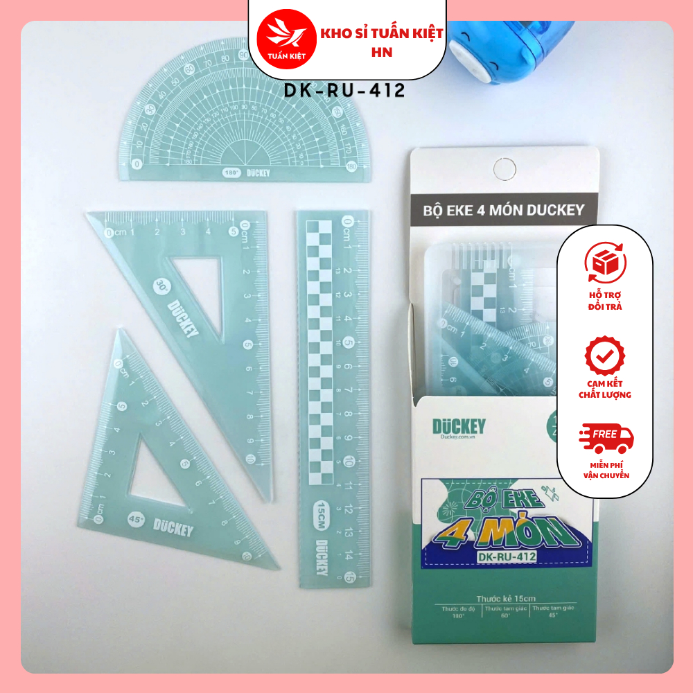 Bộ Thước Eke Hình Học 4 Chiếc RU-412 Duckey – Có Hộp Nhựa, Nhiều Màu, Dành Cho Học Sinh