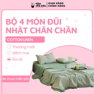  Bộ 4 Món Chăn Chần Bông Ga Gối Cotton Đũi Nhật Cao Cấp Kẻ Line Minimalism Basic - Tiemnhameu 