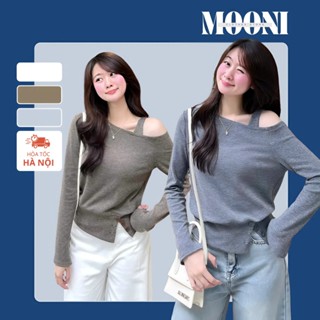  Áo Len Lông Thỏ Lệch Vai Bo Viền Xẻ Cúc Hàn Quốc Cá Tính Thời Trang Nữ Thu Đông - Mooni Store   A04   
