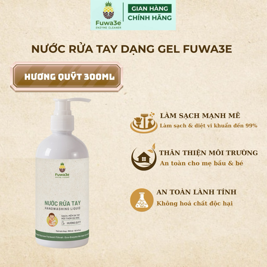 Nước Rửa Tay Fuwa3e Mùi Tinh Dầu Quýt Từ Chế Phẩm Enzyme Sinh Học 300ml