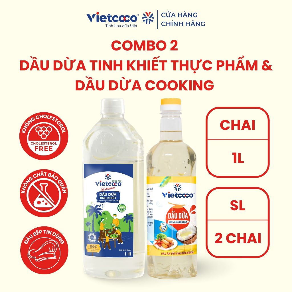 [COMBO 2 CHAI] Dầu dừa tinh khiết Organic Vietcoco chai 1l và Dầu dừa cooking Vietcoco chai 1l