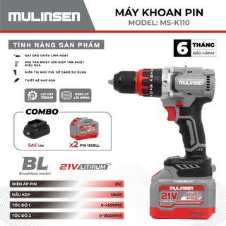 Máy khoan pin 13mm MULINSEN MS-K110| 3 Chức Năng Khoan Búa Vít 20 Cấp Trượt Lực Siết 110N.m Động Cơ Không Chổi Than 