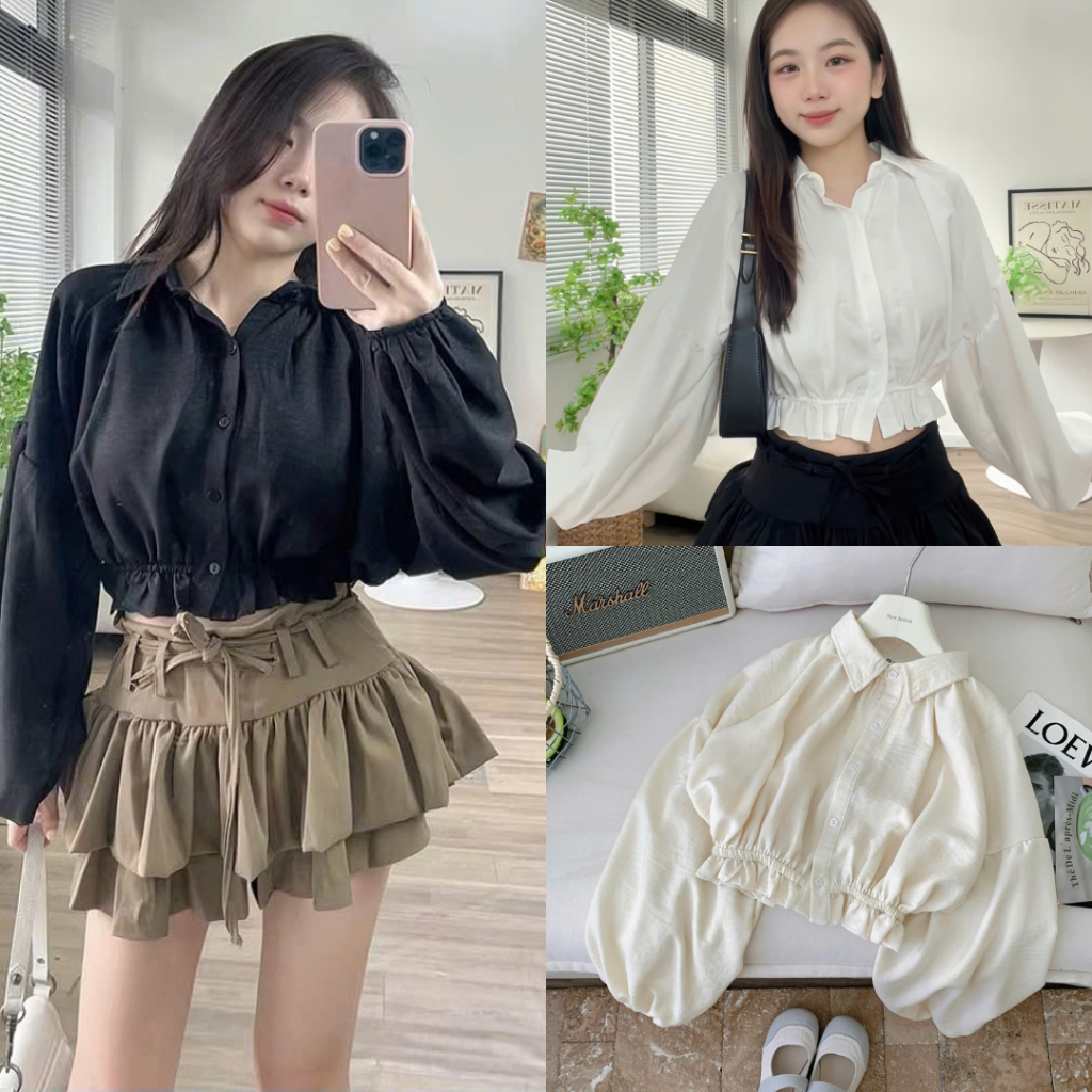 Áo Sơ Mi Croptop Bo Chun Eo Tay Bồng Siêu Xinh, Labibi