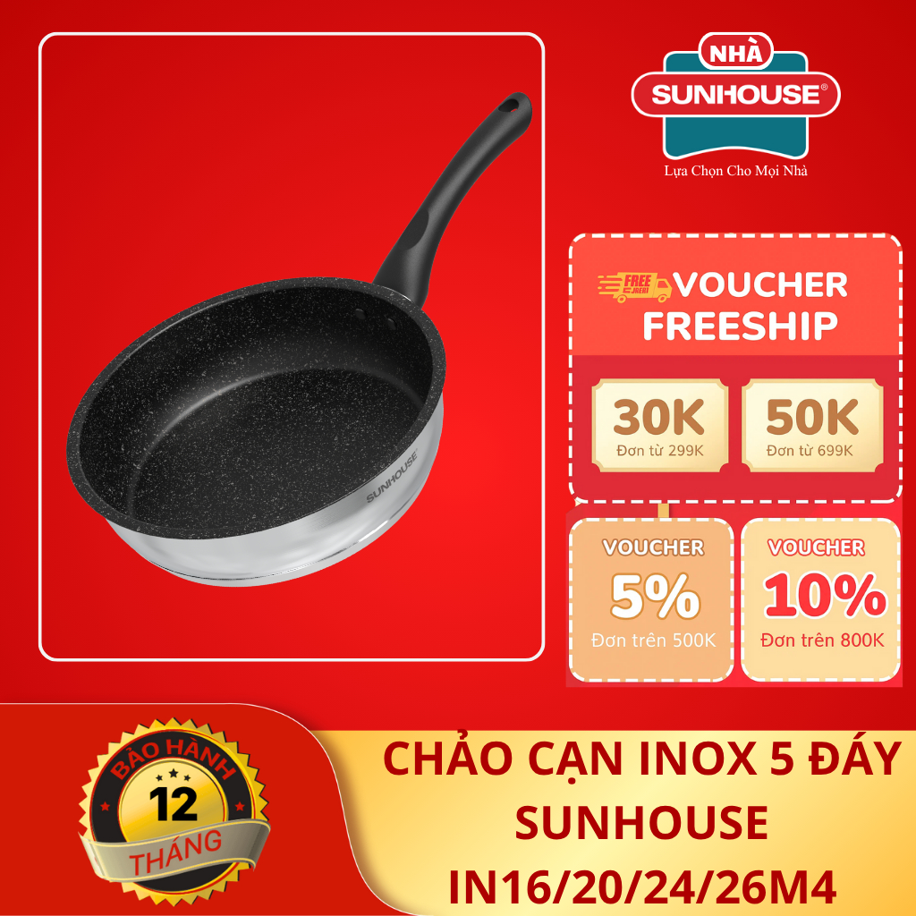 Chảo Inox cạn 5 đáy SUNHOUSE IN16M4-IN26M4, dùng mọi loại bếp - Hàng chính hãng