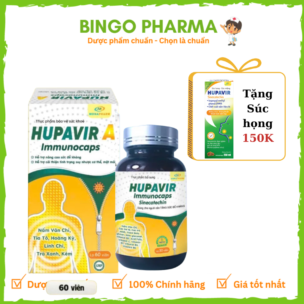 [60 viên] Viên uống Hupavir Immunocaps tăng đề kháng, hỗ trợ giảm hpv, sùi hộp 60 viên