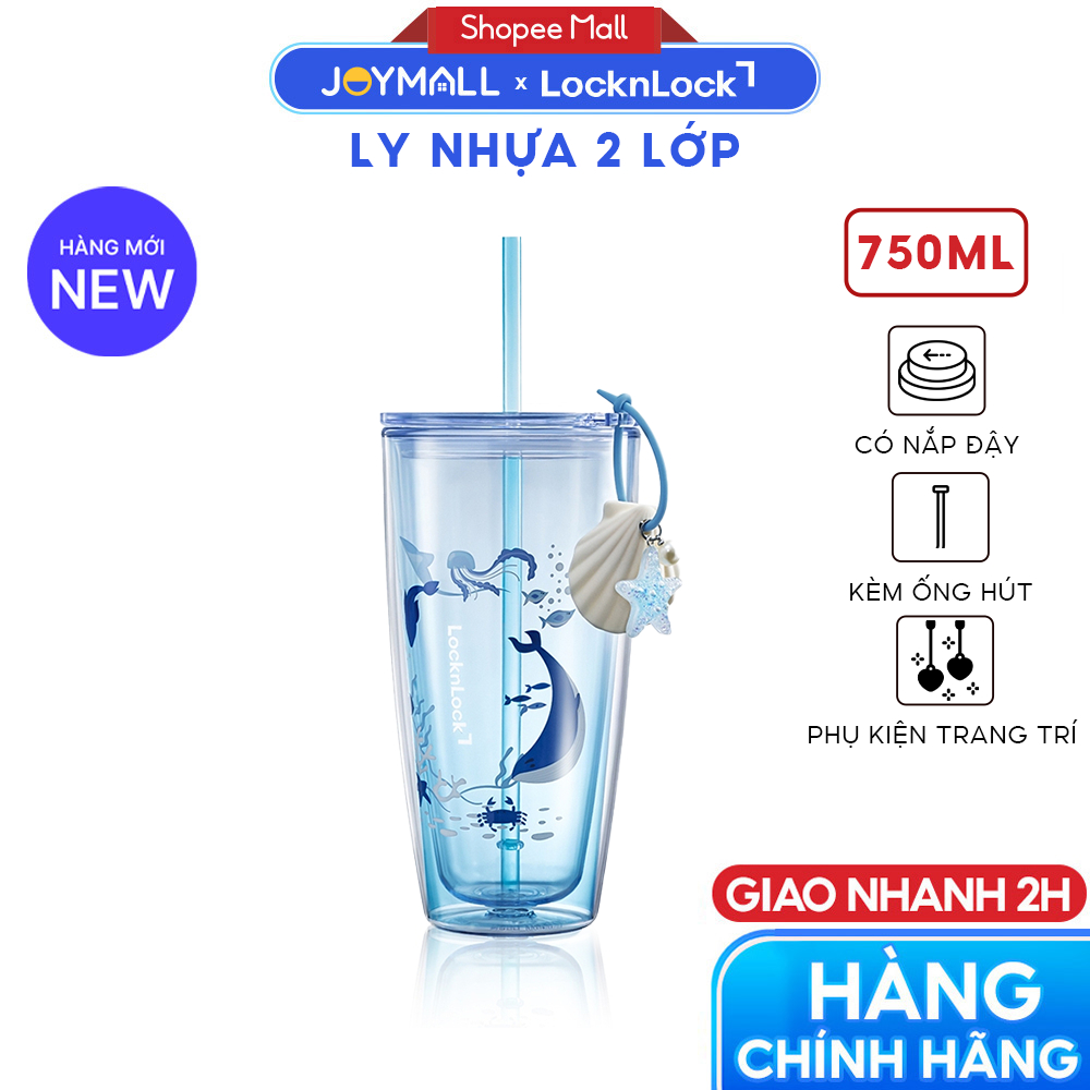 Ly Nhựa 2 Lớp LocknLock Ocean Double Wall HAP534BLU 750ml, Kèm Phụ Kiện, Hàng Chính Hãng - JoyMall