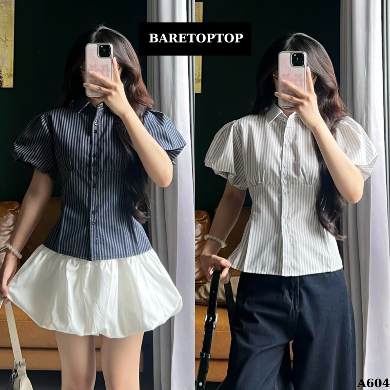𝐁𝐀𝐑𝐄𝐓𝐎𝐏𝐓𝐎𝐏_Áo Sơ Mi Kẻ Tay Bồng - Áo Kiểu Babydoll Kẻ Chiết Eo Phối Dây Buộc Eo Xinh Xắn_A532,A604