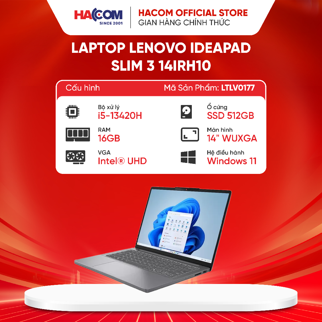 Laptop Lenovo IdeaPad Slim 3 14AIR10 (83K00008VN) (i5 13420H/16GB RAM/512GB SSD/14 WUXGA/Win11/Xám) 