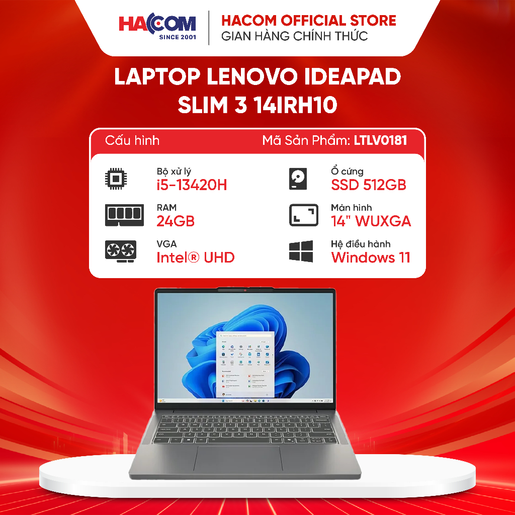 Laptop Lenovo IdeaPad Slim 3 14IRH10 (83K0000AVN) (i5 13420H/24GB RAM/512GB SSD/14 WUXGA/Win11/Xám)