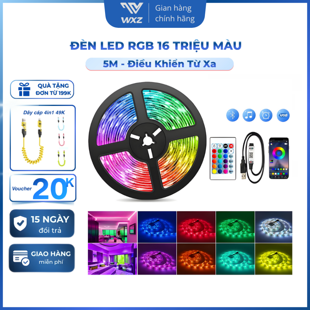 Đèn LED RGB 16 Triệu Màu 5m Điều Khiển Từ Xa, Đèn LED Trang Trí Phòng Gaming, Decor Phòng Ngủ
