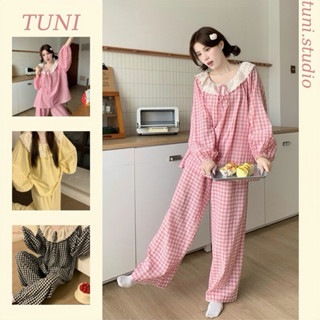  Bộ Đồ Ngủ Kẻ Caro Thắt Nơ Xinh Xắn Áo Dài Tay Dài Quần Dài Nữ Tuni.studio T04 