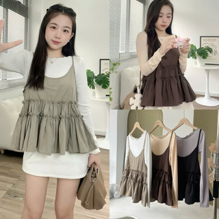  Set Yếm Babydoll Chất Gió Hàn Bèo Tầng Kèm Áo Thun Dài Tay Mặc Tết Đi Đà Lạt Labibi 