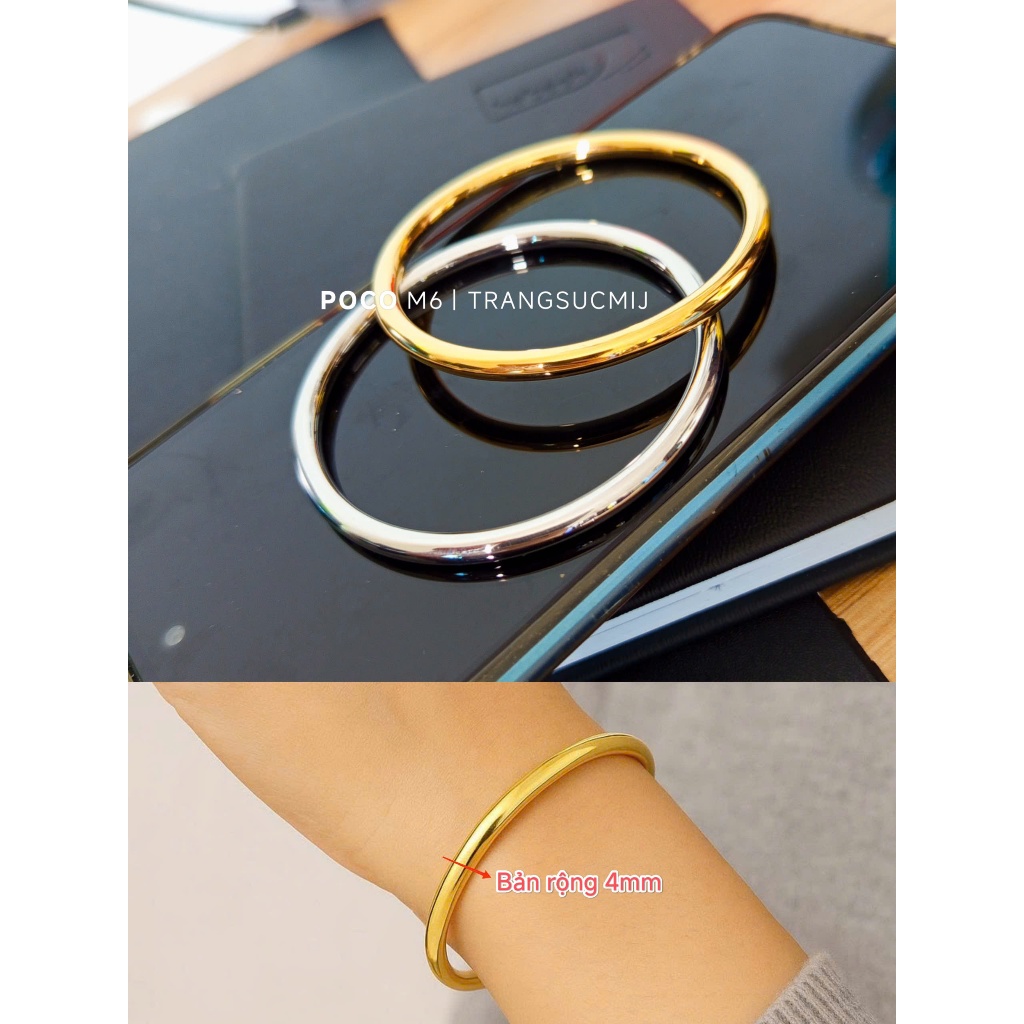 [Tặng kèm hộp] VÒNG TAY TITAN TRÒN TRƠN, KHÔNG KHÓA – màu trắng và vàng tươi – phong cách tối giản, không đen không gỉ