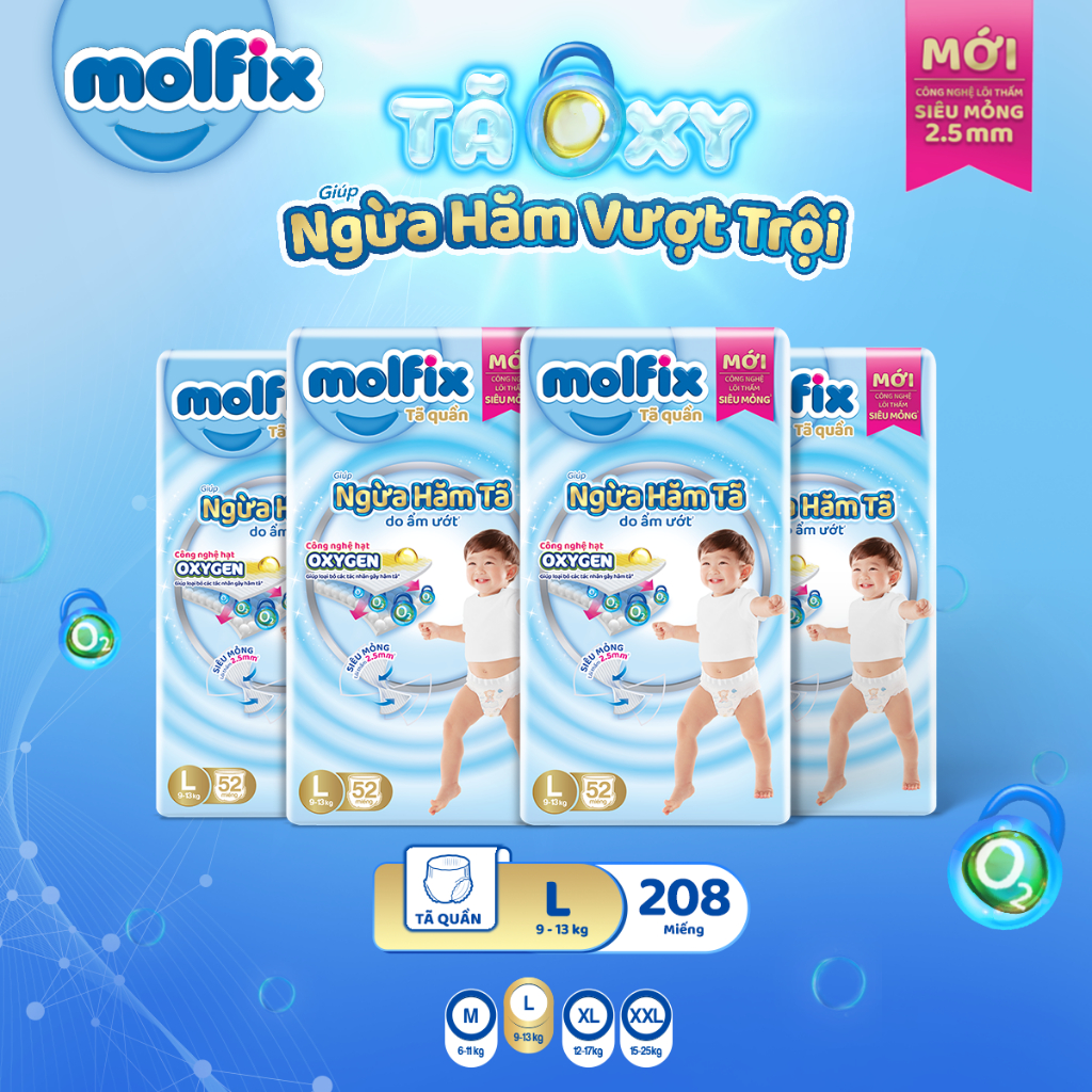 Combo 4 Tã/bỉm quần Molfix Oxy Super Jumbo giúp Ngừa Hăm Tã đủ size M,L,XL,XXL,XXXL