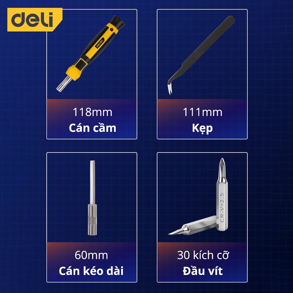 Bộ Tua Vít Sửa Chữa Đa Chức Năng Deli 30 Đầu Vít Cao Cấp Chất Liệu Thép Siêu Bền - Vặn ốc đa năng