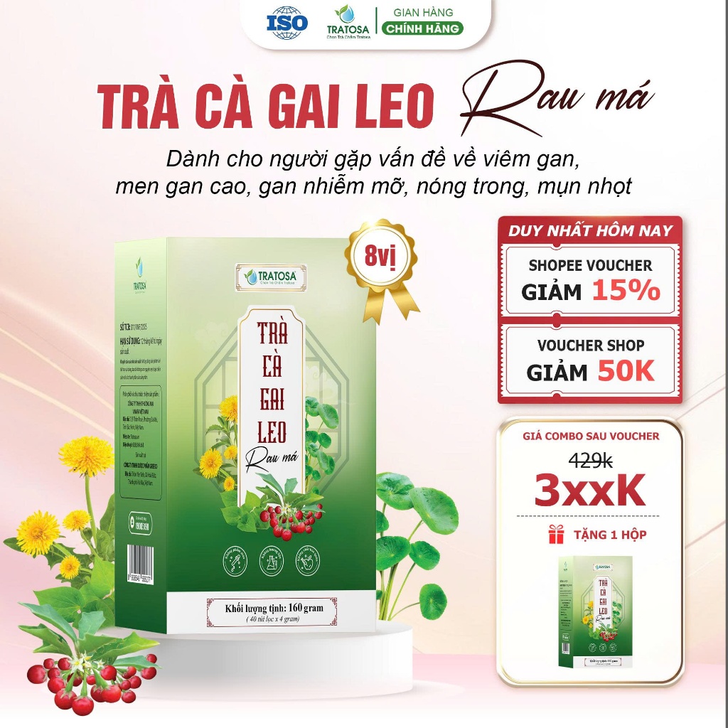 Trà Cà Gai Leo Rau Má TRATOSA 8 vị, 40 túi lọc tốt cho gan, bảo vệ sức khỏe từ thiên