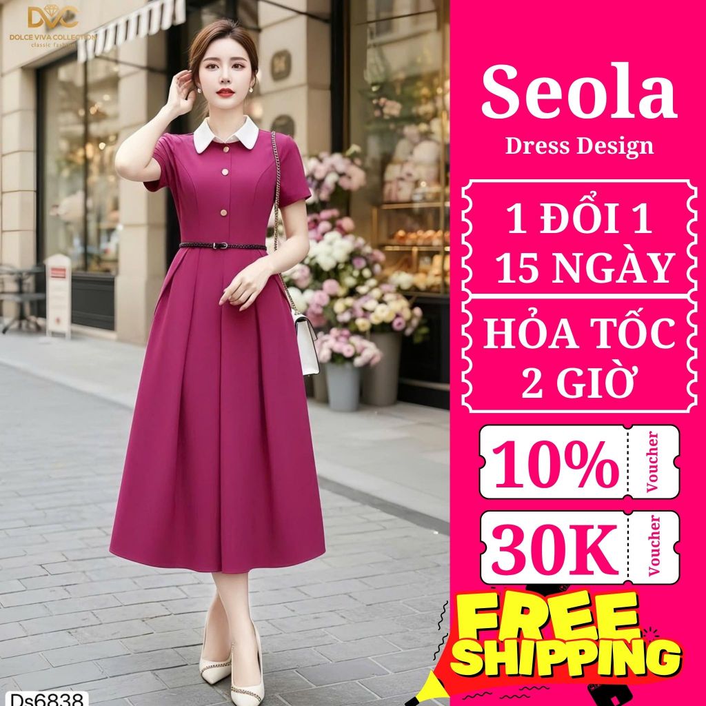 (Váy/Đầm Chính Hãng DVC) DS6838 Đầm Xòe Hồng Sen Cổ Peter Pan Trắng Dáng Midi Thời Trang Nữ Thiết Kế