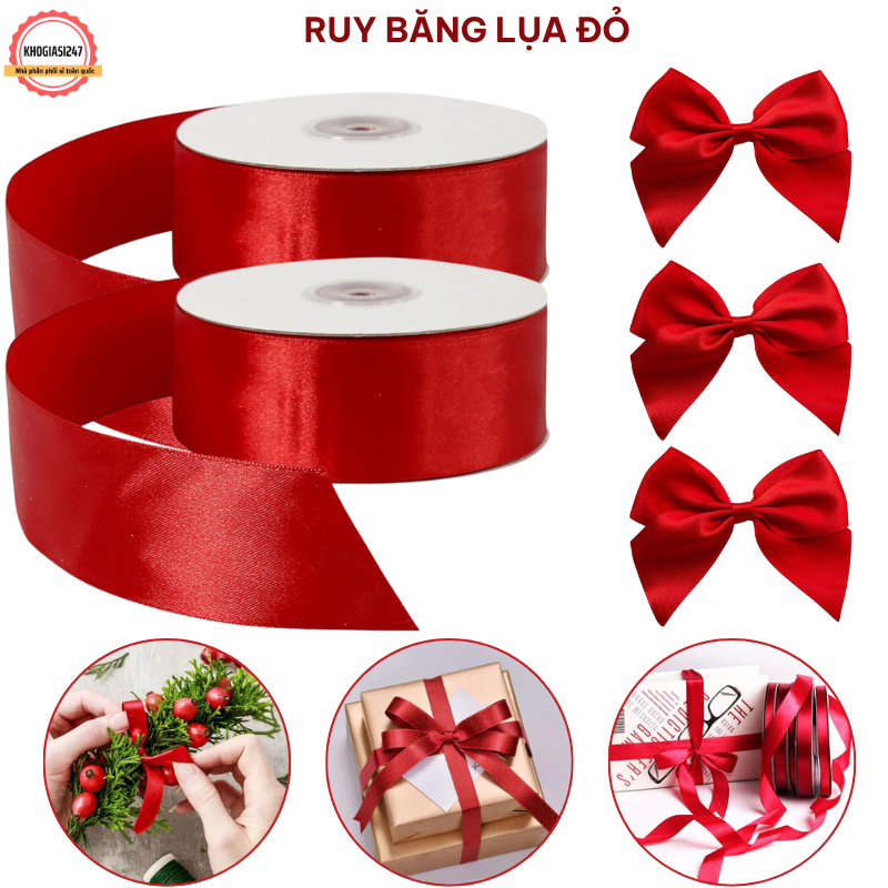Cuộn Ruy Băng Satin Đỏ 4cm, 1cm Cuộn 22m - Cuộn Ruy Băng Gói Quà Thắt Nơ Trang Trí Phụ Kiện