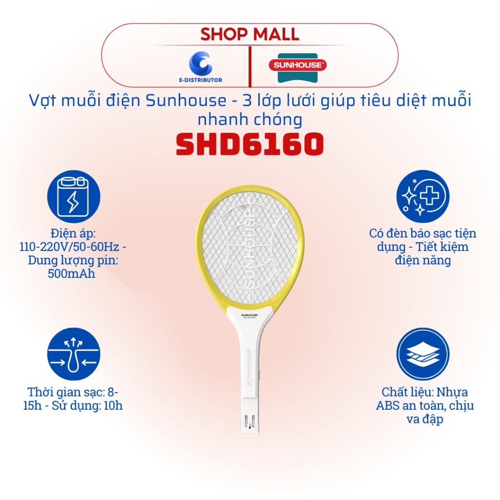 [HỎA TỐC] Vợt muỗi Sunhouse SHE-EECVM11 (Vàng) - Pin Lithium 500mAh - Sạc nhanh x2