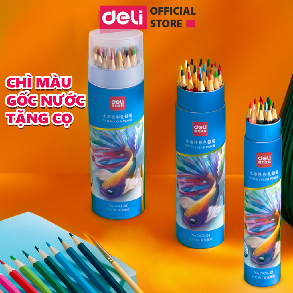 [HỌA CỤ DELI - TẶNG CỌ] Bút Chì Màu Gốc Nước Dạng Cốc Deli 24/36/48/72 Màu - Tô Vẽ Tranh Cơ Bản Chuy