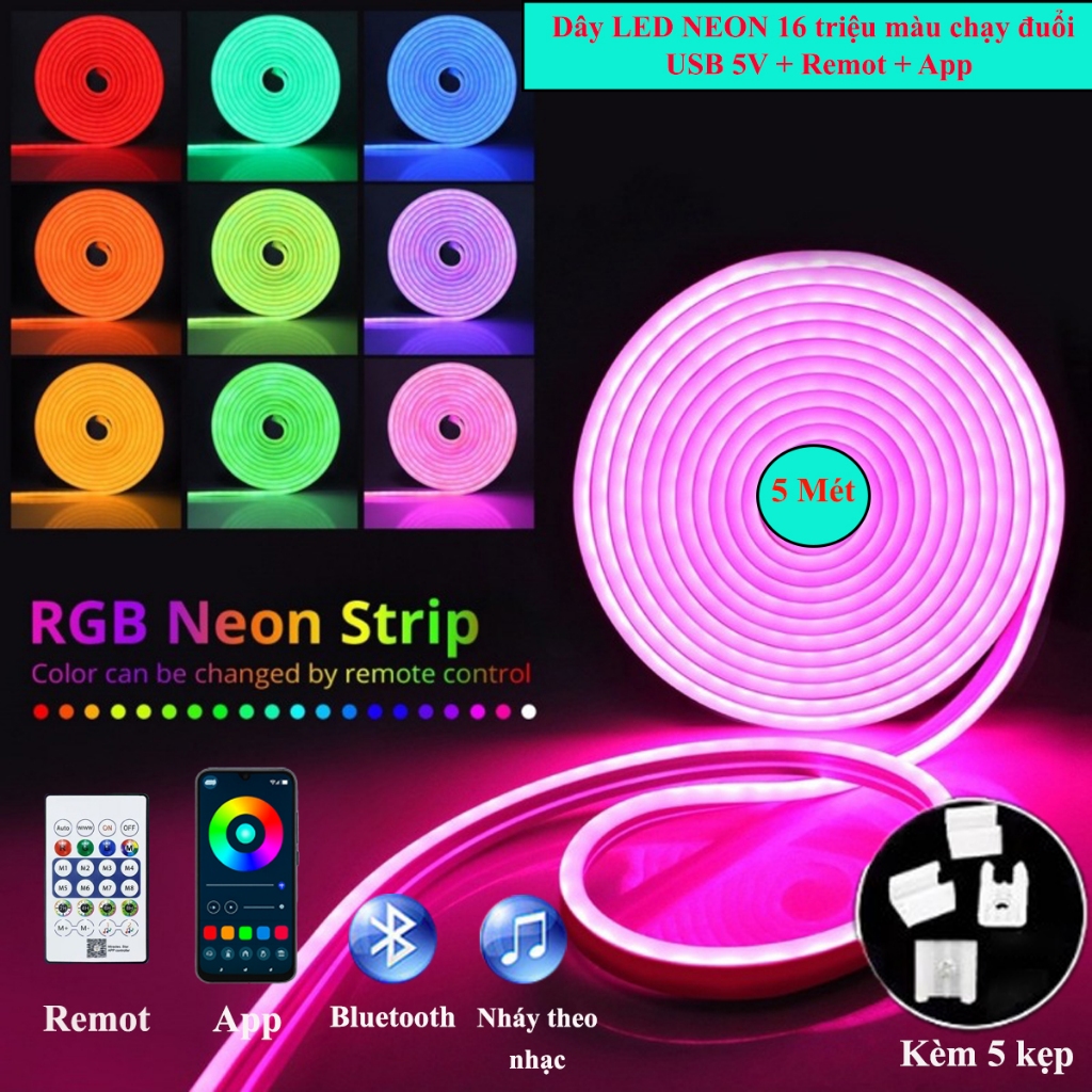 Đèn NEON FLEX ARGB Dây đèn neon chạy đuổi trang trí phòng ngủ, decor phòng khách- Tặng kẹp dán tường