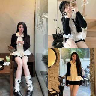   S2.4198  Set 3 Món Áo Sơmi Thô Pha Ren Kèm Áo Khoác Len Tăm Nhung Dày Dặn Mix Quần Nhung Pha Ren 