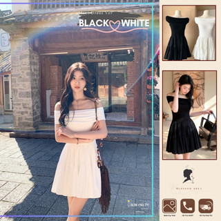 Váy trễ vai dáng ngắn chất thun cotton mịn phối chân váy xoè, 2 màu cơ bản, form chuẩn.