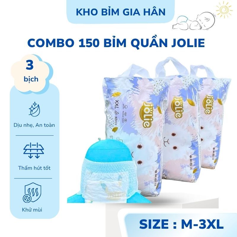 Combo 150 Miếng Bỉm Quần Jolie Cho Bé Yêu – Đủ Size M Đến 4XL, Siêu Thấm Hút, Mềm Mại, Chống Tràn Hi