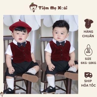  Set công tử nhung đỏ 4CT áo quần gile áo trắng cho bé trai từ 8kg đến 18kg 