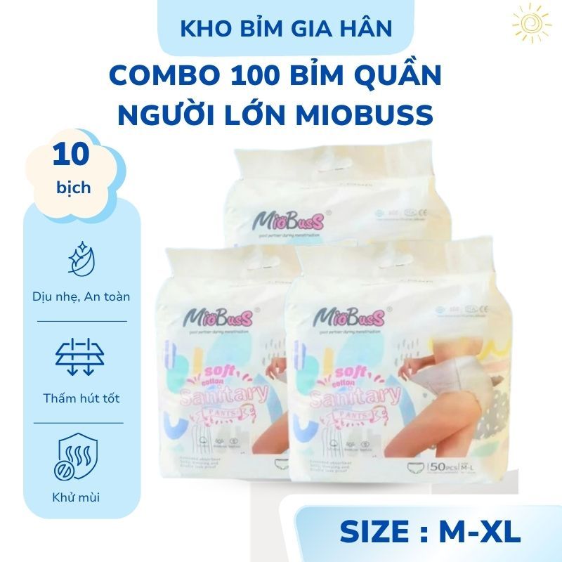 Combo 100 tã quần(10 bịch) Miobuss Cho Người Lớn – Đủ Size 35–80kg, Thấm Hút Tốt, Mềm Mại, Chống Tràn