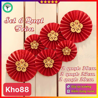  Set 6 Quạt Giấy Đỏ tròn trang trí Tết sẵn keo - Quạt Giấy Xếp Đỏ decor nhà cửa Tết 2026 