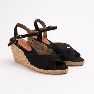  Sandal Đế Cói Liliw Dáng Đế Xuồng Cao 8cm Quai Đan Chéo Kiểu Hoa - Hoa Thị Đen 