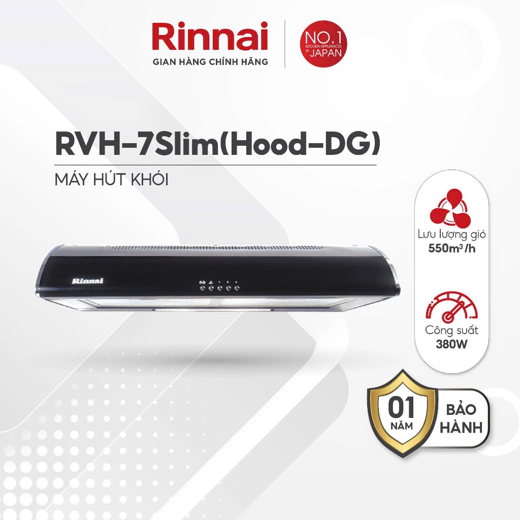 Máy hút mùi 70cm Rinnai RVH-7Slim(Hood-DG) than hoạt tính và ống thoát 380W