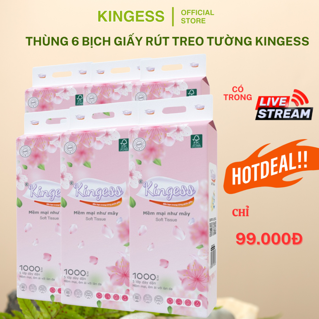 (Deal hời) Thùng 6 bịch giấy rút treo tường Kingess 1000 tờ 5 lớp, giấy ăn làm từ bột gỗ tự nhiên
