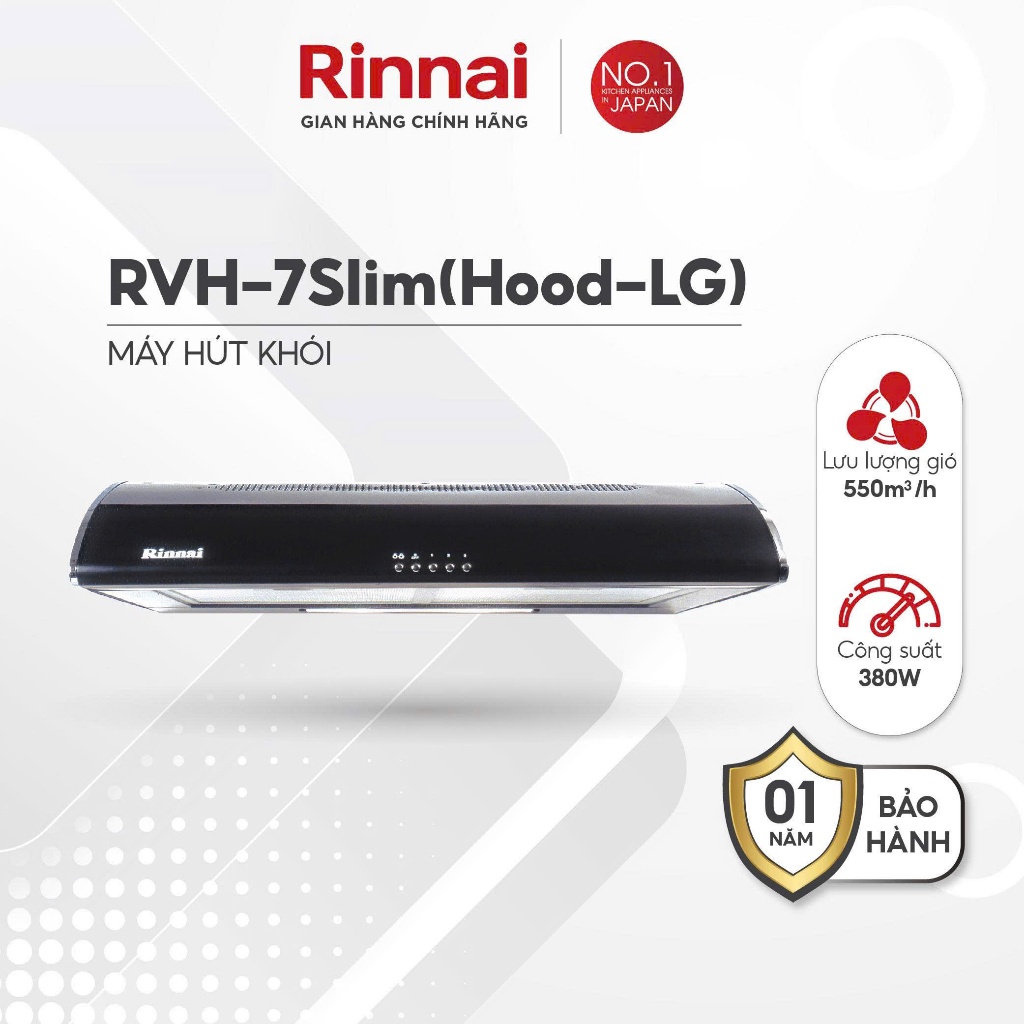 Máy hút mùi 70cm Rinnai RVH-7Slim(Hood-LG) than hoạt tính và ống thoát 380W
