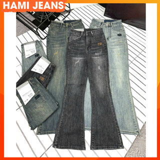  Quần jean ống loe lỡ 90cm loe 9 tấc cạp lưng cao chất co giãn cào xước túi thêu chữ min 